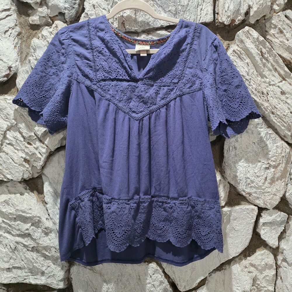 Knox Rose Women's Size XL Top Blouse Blue Tunic V-neck Lace Tassels Boho Peasant